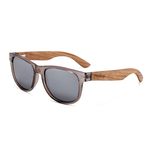 Zebra Wood Wayfarer Style Sunglasses (Grey with Silver REVO Lens)